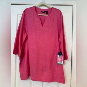 LAND’S END NWT Split Neck (V Neck) 3/4 Sleeve Linen Blend Tunic Pink XL Pockets